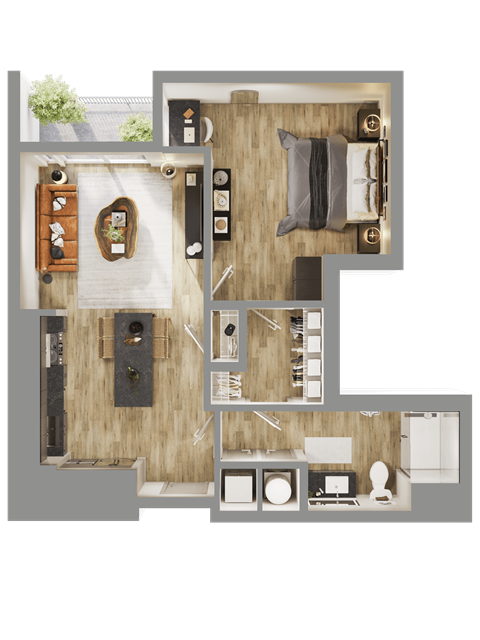 Floor plan for 1 bed, 1 bath, 741 sqft